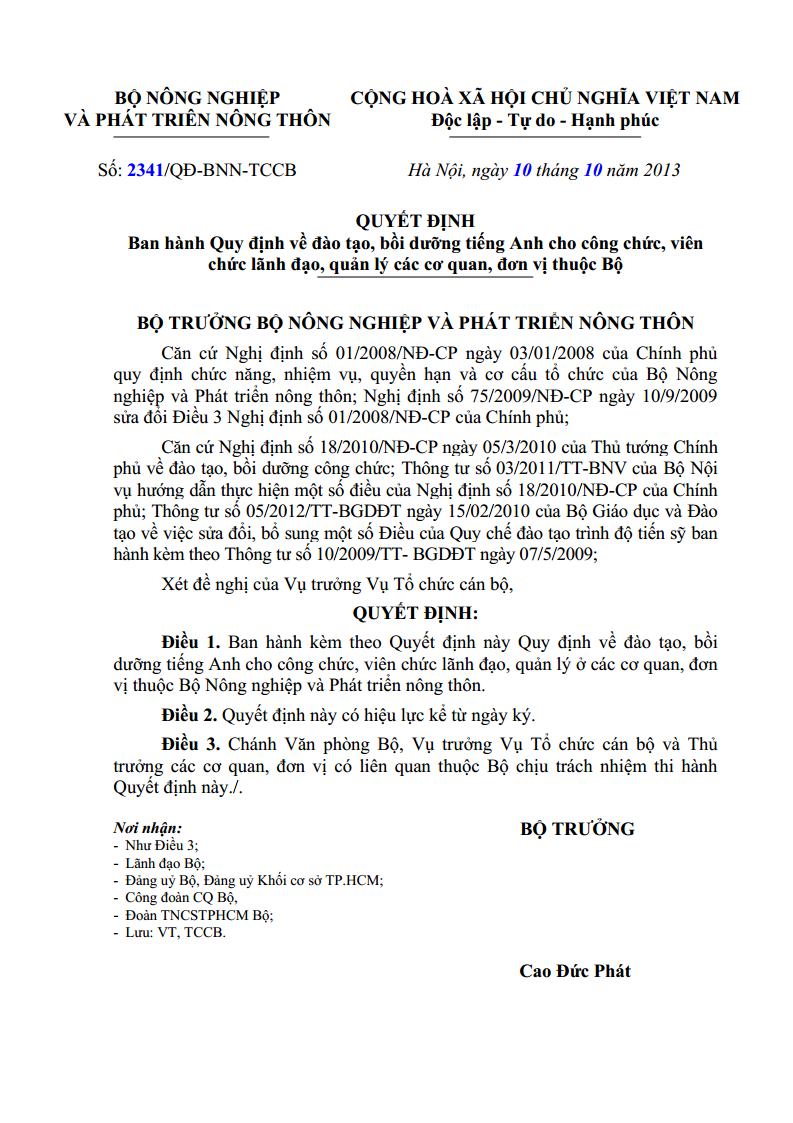 Quyết định số 2341/QĐ-BNN-TCCB ngày 10/10/2013 về Ban hành Quy định về đào tạo tiếng anh cho công chức, viên chức lãnh đạo, quản lý ở các cơ quan , đơn vị thuộc Bộ