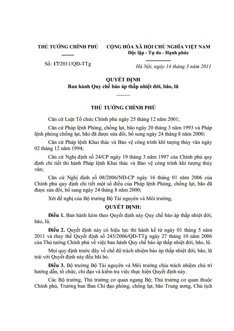 Quyết định số 17/2011/QĐ-TTg ký ngày 14/03/2011