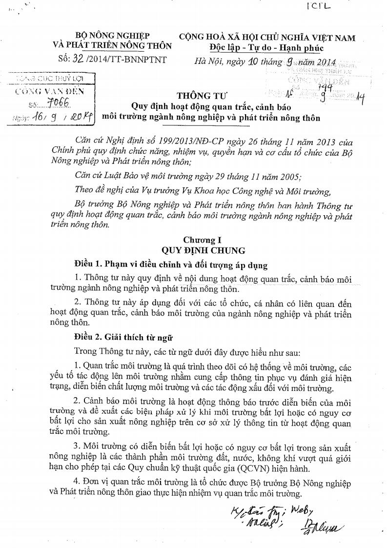 Thông tư số 32/2014-TT-BNNPTNT ngày 10/9/2014 về Quy định hoạt động quan trắc, cảnh báo môi trường ngành nông nghiệp và phát triển nông thôn